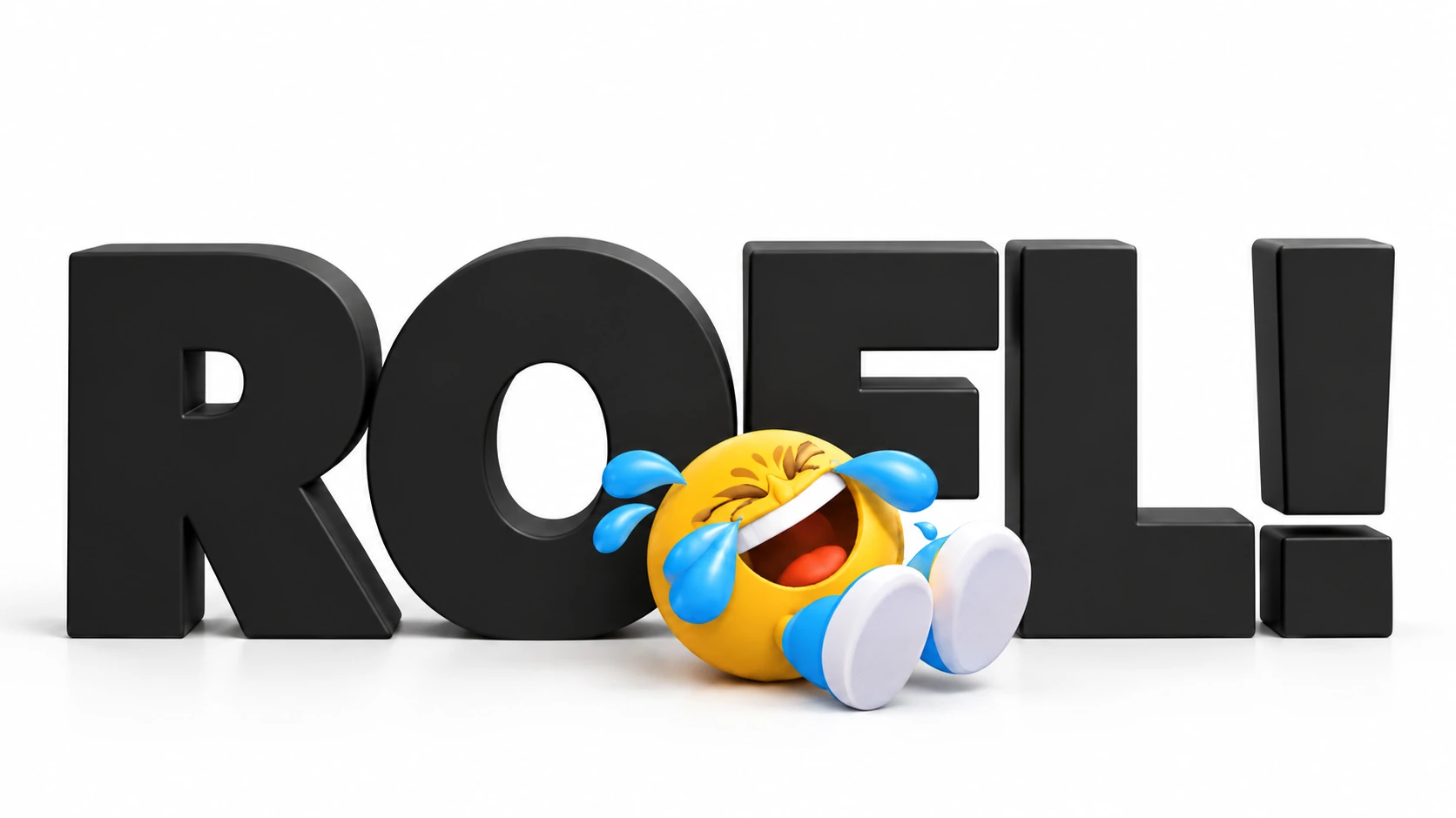 The round yellow ROFL! character with blue tears and blue shoes rolling on the floor laughing in front of a sculptural black ROFL! wordmark