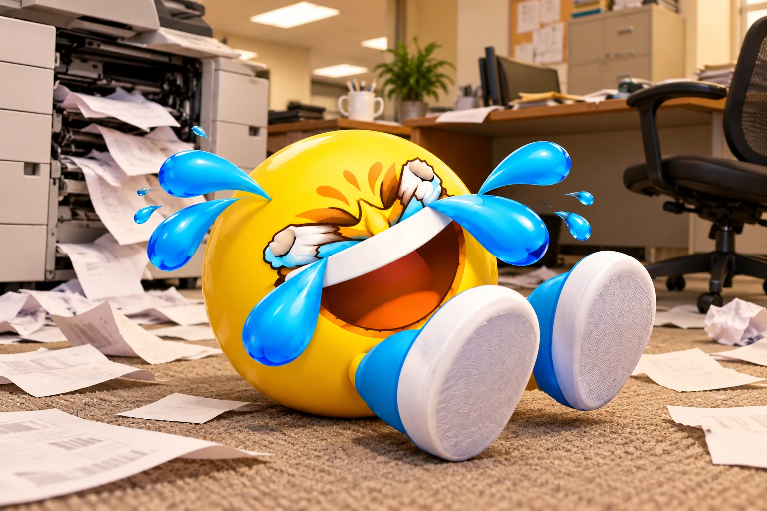 ROFL rolling on the floor laughing beside a broken photocopier and scattered paper